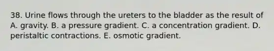 38. Urine flows through the ureters to the bladder as the result of A. gravity. B. a pressure gradient. C. a concentration gradient. D. peristaltic contractions. E. osmotic gradient.