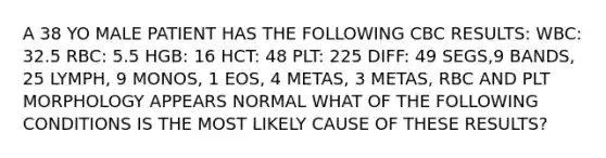 A 38 YO MALE PATIENT HAS THE FOLLOWING CBC RESULTS: WBC: 32.5 RBC: 5.5 HGB: 16 HCT: 48 PLT: 225 DIFF: 49 SEGS,9 BANDS, 25 LYMPH, 9 MONOS, 1 EOS, 4 METAS, 3 METAS, RBC AND PLT MORPHOLOGY APPEARS NORMAL WHAT OF THE FOLLOWING CONDITIONS IS THE MOST LIKELY CAUSE OF THESE RESULTS?