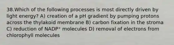 38.Which of the following processes is most directly driven by light energy? A) creation of a pH gradient by pumping protons across the thylakoid membrane B) carbon fixation in the stroma C) reduction of NADP⁺ molecules D) removal of electrons from chlorophyll molecules