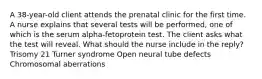 A 38-year-old client attends the prenatal clinic for the first time. A nurse explains that several tests will be performed, one of which is the serum alpha-fetoprotein test. The client asks what the test will reveal. What should the nurse include in the reply? Trisomy 21 Turner syndrome Open neural tube defects Chromosomal aberrations