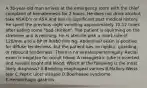 A 38-year-old man arrives at the emergency room with the chief complaint of hematemesis for 2 hours. He does not drink alcohol, take NSAID's or ASA and has no significant past medical history. He spent the previous night vomiting approximately 10-12 times after eating some "bad chicken". The patient is squirming on the stretcher and is retching. He is afebrile with a heart rate of 120/min and a BP of 90/60 mm Hg. Abdominal exam is positive for diffuse tenderness, but the patient has no rigidity, guarding, or rebound tenderness. There is no hepatosplenomegaly. Rectal exam is negative for occult blood. A nasogastric tube is inserted and reveals bright red blood. Which of the following is the most likely diagnosis? A.Bleeding esophageal varices B.Mallory-Weiss tear C.Peptic ulcer disease D.Boerhaave syndrome E.Hemorrhagic gastritis