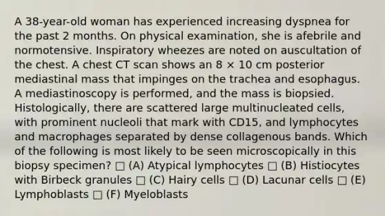 A 38-year-old woman has experienced increasing dyspnea for the past 2 months. On physical examination, she is afebrile and normotensive. Inspiratory wheezes are noted on auscultation of the chest. A chest CT scan shows an 8 × 10 cm posterior mediastinal mass that impinges on the trachea and esophagus. A mediastinoscopy is performed, and the mass is biopsied. Histologically, there are scattered large multinucleated cells, with prominent nucleoli that mark with CD15, and lymphocytes and macrophages separated by dense collagenous bands. Which of the following is most likely to be seen microscopically in this biopsy specimen? □ (A) Atypical lymphocytes □ (B) Histiocytes with Birbeck granules □ (C) Hairy cells □ (D) Lacunar cells □ (E) Lymphoblasts □ (F) Myeloblasts