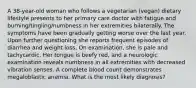 A 38-year-old woman who follows a vegetarian (vegan) dietary lifestyle presents to her primary care doctor with fatigue and burning/tingling/numbness in her extremities bilaterally. The symptoms have been gradually getting worse over the last year. Upon further questioning she reports frequent episodes of diarrhea and weight loss. On examination, she is pale and tachycardic. Her tongue is beefy red, and a neurologic examination reveals numbness in all extremities with decreased vibration senses. A complete blood count demonstrates megaloblastic anemia. What is the most likely diagnosis?