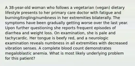 A 38-year-old woman who follows a vegetarian (vegan) dietary lifestyle presents to her primary care doctor with fatigue and burning/tingling/numbness in her extremities bilaterally. The symptoms have been gradually getting worse over the last year. Upon further questioning she reports frequent episodes of diarrhea and weight loss. On examination, she is pale and tachycardic. Her tongue is beefy red, and a neurologic examination reveals numbness in all extremities with decreased vibration senses. A complete blood count demonstrates megaloblastic anemia. What is most likely underlying problem for this patient?