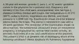 A 38-year-old woman, gravida 2, para 1, at 32 weeks' gestation comes to the physician for a prenatal visit. Pregnancy and delivery of her first child were uncomplicated. She has type 1 diabetes mellitus treated with insulin. Her temperature is 37.2°C (99°F), pulse is 92/min, respirations are 16/min, and blood pressure is 110/86 mm Hg. Examination shows minimal bilateral edema below the knees. The uterus is consistent in size with a 29-week gestation. The remainder of the examination shows no abnormalities. Transabdominal ultrasound shows an intrauterine pregnancy in longitudinal lie, normal fetal cardiac activity, an amniotic fluid index of 4 cm, and calcifications of the placenta. This patient's child is at greatest risk of developing which of the following conditions? (Renal dysplasia VS Pulmonary hypoplasia)