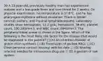 39 A 23-year-old, previously healthy man has experienced malaise and a low-grade fever and sore throat for 2 weeks. On physical examination, his temperature is 37.6°C, and he has pharyngeal erythema without exudation. There is tender cervical, axillary, and inguinal lymphadenopathy. Laboratory studies show hemoglobin, 12.2 g/dL; hematocrit, 36.6%; platelet count, 190,200/mm3; and WBC count, 8940/mm3. The peripheral blood smear is shown in the figure. Which of the following is the most likely risk factor for the disease that would be diagnosed in this patient? □ (A) An inherited disorder of globin chain synthesis □ (B) Transfusion of packed RBCs □ (C) Close personal contact (kissing) with his date □ (D) Sharing infected needles for intravenous drug use □ (E) Ingestion of raw oysters