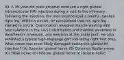 39. A 35-year-old male prisoner received a right gluteal intramuscular (IM) injection during a visit to the infirmary. Following the injection, the man experienced a painful, swollen right leg. Within a month, he complained that his right leg started to shrink. Examination revealed muscle wasting with fasciculations in the L4-S1 distribution and marked weakness in dorsiflexion, inversion, and eversion at the ankle joint. He also exhibited a typical high-steppage gait indicating right foot drop. What nerve was most likely damaged during the gluteal IM injection? (A) Superior gluteal nerve (B) Common fibular nerve (C) Tibial nerve (D) Inferior gluteal nerve (E) Sciatic nerve