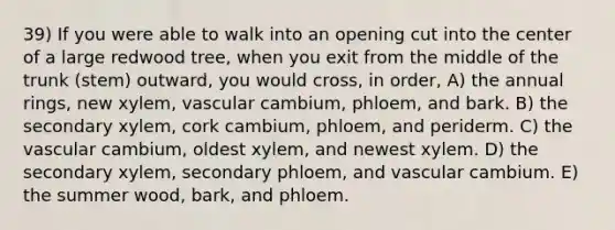 39) If you were able to walk into an opening cut into the center of a large redwood tree, when you exit from the middle of the trunk (stem) outward, you would cross, in order, A) the annual rings, new xylem, vascular cambium, phloem, and bark. B) the secondary xylem, cork cambium, phloem, and periderm. C) the vascular cambium, oldest xylem, and newest xylem. D) the secondary xylem, secondary phloem, and vascular cambium. E) the summer wood, bark, and phloem.