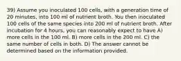 39) Assume you inoculated 100 cells, with a generation time of 20 minutes, into 100 ml of nutrient broth. You then inoculated 100 cells of the same species into 200 ml of nutrient broth. After incubation for 4 hours, you can reasonably expect to have A) more cells in the 100 ml. B) more cells in the 200 ml. C) the same number of cells in both. D) The answer cannot be determined based on the information provided.