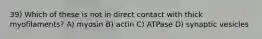 39) Which of these is not in direct contact with thick myofilaments? A) myosin B) actin C) ATPase D) synaptic vesicles