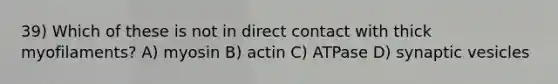 39) Which of these is not in direct contact with thick myofilaments? A) myosin B) actin C) ATPase D) synaptic vesicles