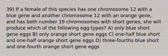 39) If a female of this species has one chromosome 12 with a blue gene and another chromosome 12 with an orange gene, and has both number 19 chromosomes with short genes, she will produce which of the following egg types? A) only blue short gene eggs B) only orange short gene eggs C) one-half blue short and one-half orange short gene eggs D) three-fourths blue short and one-fourth orange short gene eggs