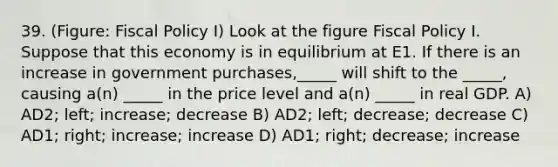 39. (Figure: Fiscal Policy I) Look at the figure Fiscal Policy I. Suppose that this economy is in equilibrium at E1. If there is an increase in government purchases,_____ will shift to the _____, causing a(n) _____ in the price level and a(n) _____ in real GDP. A) AD2; left; increase; decrease B) AD2; left; decrease; decrease C) AD1; right; increase; increase D) AD1; right; decrease; increase