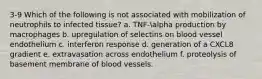 3-9 Which of the following is not associated with mobilization of neutrophils to infected tissue? a. TNF-alpha production by macrophages b. upregulation of selectins on blood vessel endothelium c. interferon response d. generation of a CXCL8 gradient e. extravasation across endothelium f. proteolysis of basement membrane of blood vessels.