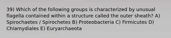 39) Which of the following groups is characterized by unusual flagella contained within a structure called the outer sheath? A) Spirochaetes / Spirochetes B) Proteobacteria C) Firmicutes D) Chlamydiales E) Euryarchaeota