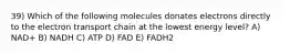 39) Which of the following molecules donates electrons directly to the electron transport chain at the lowest energy level? A) NAD+ B) NADH C) ATP D) FAD E) FADH2