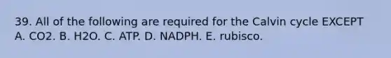 39. All of the following are required for the Calvin cycle EXCEPT A. CO2. B. H2O. C. ATP. D. NADPH. E. rubisco.