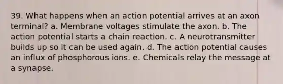 39. What happens when an action potential arrives at an axon terminal? a. Membrane voltages stimulate the axon. b. The action potential starts a chain reaction. c. A neurotransmitter builds up so it can be used again. d. The action potential causes an influx of phosphorous ions. e. Chemicals relay the message at a synapse.