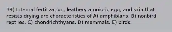 39) Internal fertilization, leathery amniotic egg, and skin that resists drying are characteristics of A) amphibians. B) nonbird reptiles. C) chondrichthyans. D) mammals. E) birds.