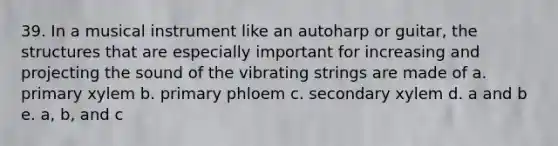 39. In a musical instrument like an autoharp or guitar, the structures that are especially important for increasing and projecting the sound of the vibrating strings are made of a. primary xylem b. primary phloem c. secondary xylem d. a and b e. a, b, and c