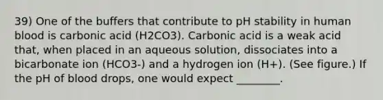 39) One of the buffers that contribute to pH stability in human blood is carbonic acid (H2CO3). Carbonic acid is a weak acid that, when placed in an aqueous solution, dissociates into a bicarbonate ion (HCO3-) and a hydrogen ion (H+). (See figure.) If the pH of blood drops, one would expect ________.