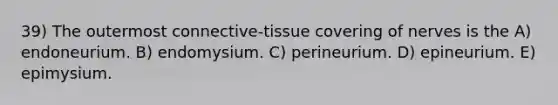 39) The outermost connective-tissue covering of nerves is the A) endoneurium. B) endomysium. C) perineurium. D) epineurium. E) epimysium.