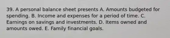 39. A personal balance sheet presents A. Amounts budgeted for spending. B. Income and expenses for a period of time. C. Earnings on savings and investments. D. Items owned and amounts owed. E. Family financial goals.