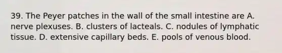 39. The Peyer patches in the wall of the small intestine are A. nerve plexuses. B. clusters of lacteals. C. nodules of lymphatic tissue. D. extensive capillary beds. E. pools of venous blood.