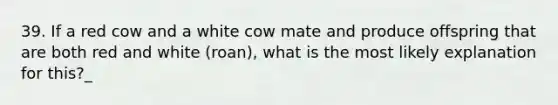 39. If a red cow and a white cow mate and produce offspring that are both red and white (roan), what is the most likely explanation for this?_