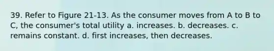 39. Refer to Figure 21-13. As the consumer moves from A to B to C, the consumer's total utility a. increases. b. decreases. c. remains constant. d. first increases, then decreases.