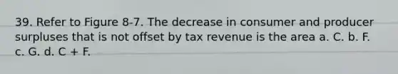 39. Refer to Figure 8-7. The decrease in consumer and producer surpluses that is not offset by tax revenue is the area a. C. b. F. c. G. d. C + F.