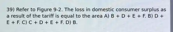 39) Refer to Figure 9-2. The loss in domestic <a href='https://www.questionai.com/knowledge/k77rlOEdsf-consumer-surplus' class='anchor-knowledge'>consumer surplus</a> as a result of the tariff is equal to the area A) B + D + E + F. B) D + E + F. C) C + D + E + F. D) B.