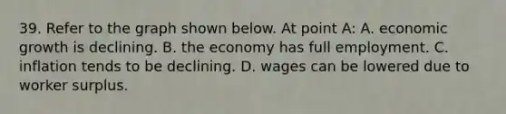 39. Refer to the graph shown below. At point A: A. economic growth is declining. B. the economy has full employment. C. inflation tends to be declining. D. wages can be lowered due to worker surplus.