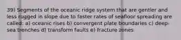 39) Segments of the oceanic ridge system that are gentler and less rugged in slope due to faster rates of seafloor spreading are called: a) oceanic rises b) convergent plate boundaries c) deep-sea trenches d) transform faults e) fracture zones