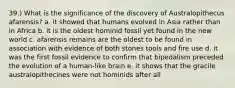 39.) What is the significance of the discovery of Australopithecus afarensis? a. it showed that humans evolved in Asia rather than in Africa b. it is the oldest hominid fossil yet found in the new world c. afarensis remains are the oldest to be found in association with evidence of both stones tools and fire use d. it was the first fossil evidence to confirm that bipedalism preceded the evolution of a human-like brain e. it shows that the gracile australopithecines were not hominids after all