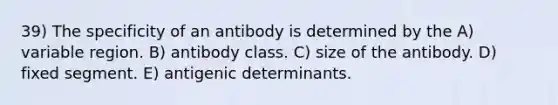 39) The specificity of an antibody is determined by the A) variable region. B) antibody class. C) size of the antibody. D) fixed segment. E) antigenic determinants.