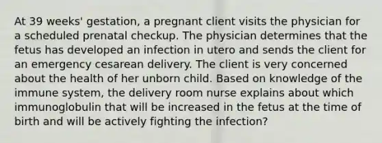 At 39 weeks' gestation, a pregnant client visits the physician for a scheduled prenatal checkup. The physician determines that the fetus has developed an infection in utero and sends the client for an emergency cesarean delivery. The client is very concerned about the health of her unborn child. Based on knowledge of the immune system, the delivery room nurse explains about which immunoglobulin that will be increased in the fetus at the time of birth and will be actively fighting the infection?