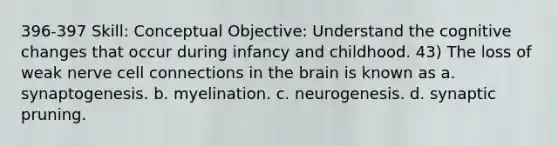 396-397 Skill: Conceptual Objective: Understand the cognitive changes that occur during infancy and childhood. 43) The loss of weak nerve cell connections in the brain is known as a. synaptogenesis. b. myelination. c. neurogenesis. d. synaptic pruning.