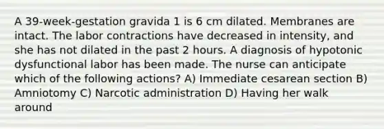 A 39-week-gestation gravida 1 is 6 cm dilated. Membranes are intact. The labor contractions have decreased in intensity, and she has not dilated in the past 2 hours. A diagnosis of hypotonic dysfunctional labor has been made. The nurse can anticipate which of the following actions? A) Immediate cesarean section B) Amniotomy C) Narcotic administration D) Having her walk around