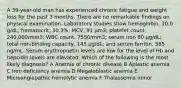 A 39-year-old man has experienced chronic fatigue and weight loss for the past 3 months. There are no remarkable findings on physical examination. Laboratory studies show hemoglobin, 10.0 g/dL; hematocrit, 30.3%; MCV, 91 μm3; platelet count, 240,000/mm3; WBC count, 7550/mm3; serum iron 80 μg/dL; total iron-binding capacity, 145 μg/dL; and serum ferritin, 565 ng/mL. Serum erythropoetin levels are low for the level of Hb and hepcidin levels are elevated. Which of the following is the most likely diagnosis? A Anemia of chronic disease B Aplastic anemia C Iron deficiency anemia D Megaloblastic anemia E Microangiopathic hemolytic anemia F Thalassemia minor