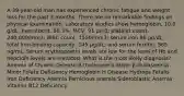 A 39-year-old man has experienced chronic fatigue and weight loss for the past 3 months. There are no remarkable findings on physical examination. Laboratory studies show hemoglobin, 10.0 g/dL; hematocrit, 30.3%; MCV, 91 μm3; platelet count, 240,000/mm3; WBC count, 7550/mm3; serum iron 80 μg/dL; total iron-binding capacity, 145 μg/dL; and serum ferritin, 565 ng/mL. Serum erythropoetin levels are low for the level of Hb and hepcidin levels are elevated. What is the most likely diagnosis? Anemia of Chronic Disease β-thalassemia Major β-thalassemia Minor Folate Deficiency Hemoglobin H Disease Hydrops Fetalis Iron Deficiency Anemia Pernicious anemia Sideroblastic Anemia Vitamin B12 Deficiency