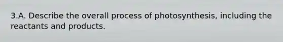 3.A. Describe the overall process of photosynthesis, including the reactants and products.