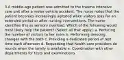 3.A middle-age patient was admitted to the trauma intensive care unit after a motor vehicle accident. The nurse notes that the patient becomes increasingly agitated when visitors stay for an extended period or after nursing interventions. The nurse identifies this as sensory overload. Which of the following would most likely help the patient? (Select all that apply.) a. Reducing the number of visitors to her room b. Performing dressing changes with the bath c. Providing a dedicated period of rest time each afternoon d. Requesting that health care providers do rounds when the family is available e. Coordination with other departments for tests and examinations