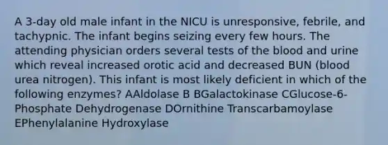 A 3-day old male infant in the NICU is unresponsive, febrile, and tachypnic. The infant begins seizing every few hours. The attending physician orders several tests of the blood and urine which reveal increased orotic acid and decreased BUN (blood urea nitrogen). This infant is most likely deficient in which of the following enzymes? AAldolase B BGalactokinase CGlucose-6-Phosphate Dehydrogenase DOrnithine Transcarbamoylase EPhenylalanine Hydroxylase