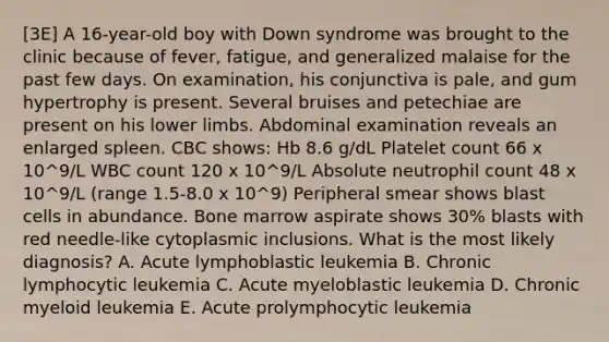 [3E] A 16-year-old boy with Down syndrome was brought to the clinic because of fever, fatigue, and generalized malaise for the past few days. On examination, his conjunctiva is pale, and gum hypertrophy is present. Several bruises and petechiae are present on his lower limbs. Abdominal examination reveals an enlarged spleen. CBC shows: Hb 8.6 g/dL Platelet count 66 x 10^9/L WBC count 120 x 10^9/L Absolute neutrophil count 48 x 10^9/L (range 1.5-8.0 x 10^9) Peripheral smear shows blast cells in abundance. Bone marrow aspirate shows 30% blasts with red needle-like cytoplasmic inclusions. What is the most likely diagnosis? A. Acute lymphoblastic leukemia B. Chronic lymphocytic leukemia C. Acute myeloblastic leukemia D. Chronic myeloid leukemia E. Acute prolymphocytic leukemia