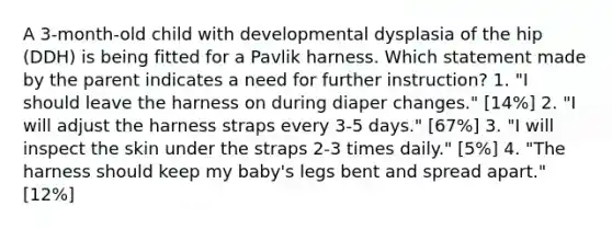 A 3-month-old child with developmental dysplasia of the hip (DDH) is being fitted for a Pavlik harness. Which statement made by the parent indicates a need for further instruction? 1. "I should leave the harness on during diaper changes." [14%] 2. "I will adjust the harness straps every 3-5 days." [67%] 3. "I will inspect the skin under the straps 2-3 times daily." [5%] 4. "The harness should keep my baby's legs bent and spread apart." [12%]