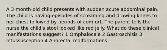 A 3-month-old child presents with sudden acute abdominal pain. The child is having episodes of screaming and drawing knees to her chest followed by periods of comfort. The parent tells the nurse the child's stool looked like red jelly. What do these clinical manifestations suggest? 1 Omphalocele 2 Gastroschisis 3 Intussusception 4 Anorectal malformations