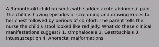 A 3-month-old child presents with sudden acute abdominal pain. The child is having episodes of screaming and drawing knees to her chest followed by periods of comfort. The parent tells the nurse the child's stool looked like red jelly. What do these clinical manifestations suggest? 1. Omphalocele 2. Gastroschisis 3. Intussusception 4. Anorectal malformations