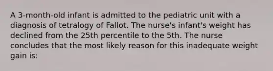 A 3-month-old infant is admitted to the pediatric unit with a diagnosis of tetralogy of Fallot. The nurse's infant's weight has declined from the 25th percentile to the 5th. The nurse concludes that the most likely reason for this inadequate weight gain is: