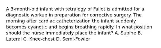 A 3-month-old infant with tetralogy of Fallot is admitted for a diagnostic workup in preparation for corrective surgery. The morning after cardiac catheterization the infant suddenly becomes cyanotic and begins breathing rapidly. In what position should the nurse immediately place the infant? A. Supine B. Lateral C. Knee-chest D. Semi-Fowler